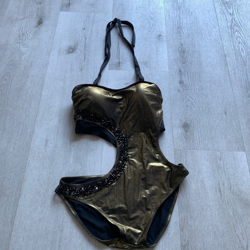 ASOS DESIGN Women  Black Metallic‎ Cut-Out Embellished Monokini 12 Swimsuit